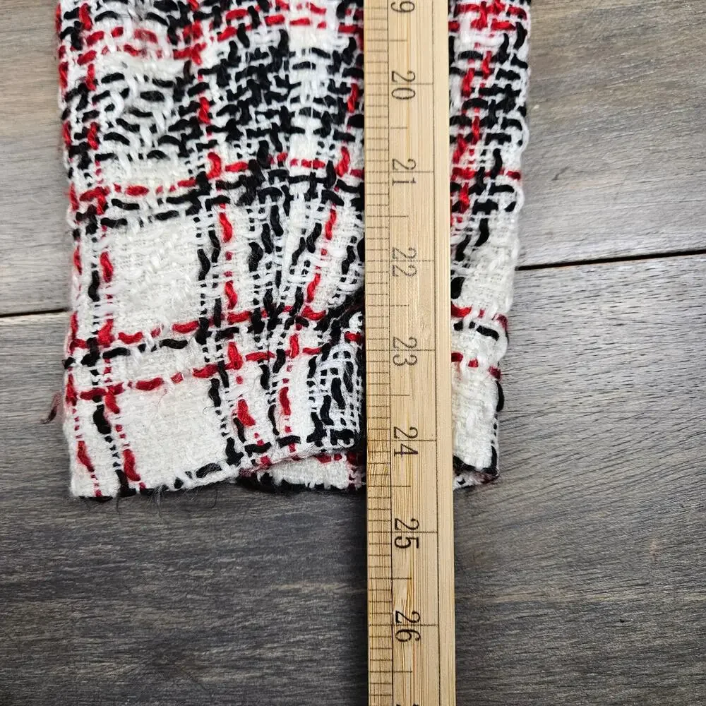 Studio C Tweed Plaid Short Blazer Jacket Ivory Black Red Frayed Trim‎ Lined 14